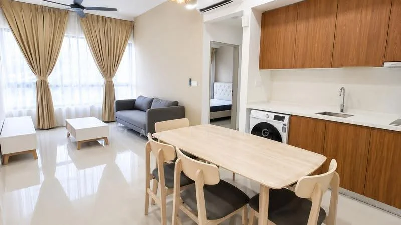 Living features: grey fabric sofa, 2 white coffee tables, floor-to-ceiling windows with sheer curtains, 5-blade ceiling fan, polished tile flooring, recessed downlights, wooden cabinetry, white countertop, built-in washing machine, single-bowl stainless-steel sink, chrome pull-down faucet; style: modern. Dining features: 6-seater wooden dining table, wooden dining chairs, polished tile flooring; style: modern.