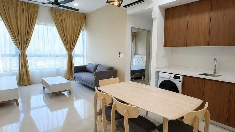Living features: 3-seater fabric sofa in grey, white coffee table, dining table with 6 wooden chairs, floor-to-ceiling windows with sheer curtains, recessed downlights, ceiling fan, white walls, glossy tile flooring; style: modern; view: city. Kitchen features: wood cabinetry, single-bowl stainless-steel sink, chrome pull-down faucet, built-in washing machine, white countertop, refrigerator space; style: modern. Room features: doorway leading to another room.