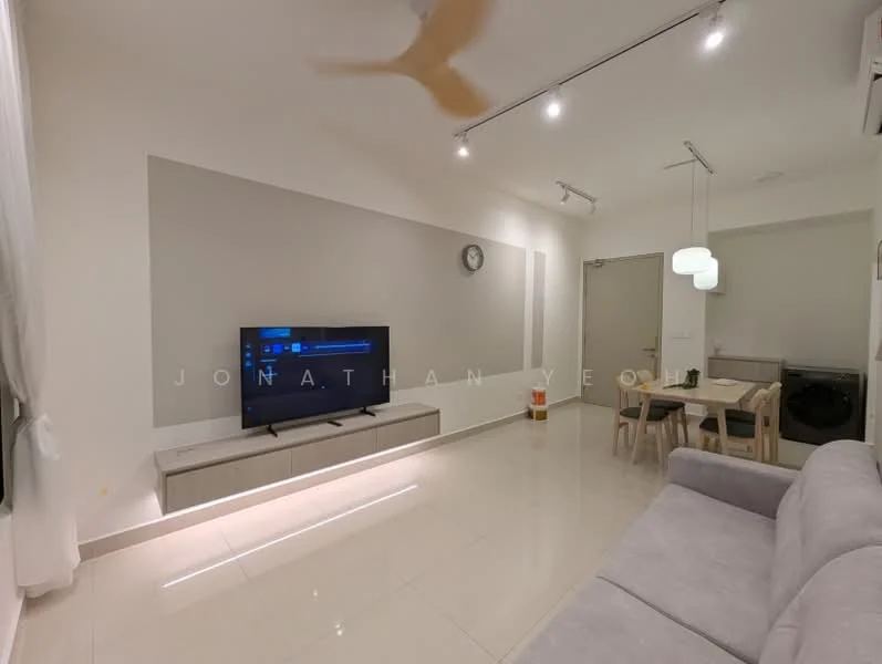 Living features: light grey fabric sofa, wall-mounted TV, TV console with storage, white painted walls, cream accent wall, recessed LED downlights, ceiling fan, dining table with chairs, floor-to-ceiling windows, sliding glass door, washing machine, clock on wall; style: modern.