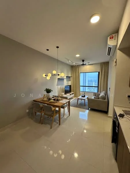 Living features: white painted walls, glossy tile flooring, recessed downlights, 5-blade ceiling fan with light, pendant lamp, floor-to-ceiling window, curtains, wall-mounted TV, wooden dining table, 4 dining chairs, sofa, coffee table, decorative plant; style: modern; view: city.