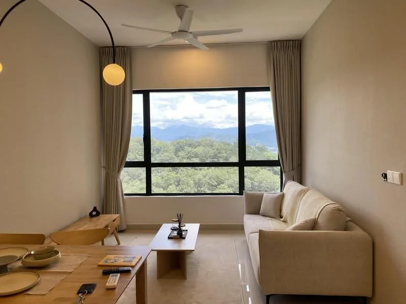 Living features: floor-to-ceiling windows, beige fabric sofa, wooden coffee table, wooden dining table, 4 dining chairs, ceiling fan, light fixture with globe, curtains, neutral painted walls, carpeted flooring; style: modern; view: mountain.