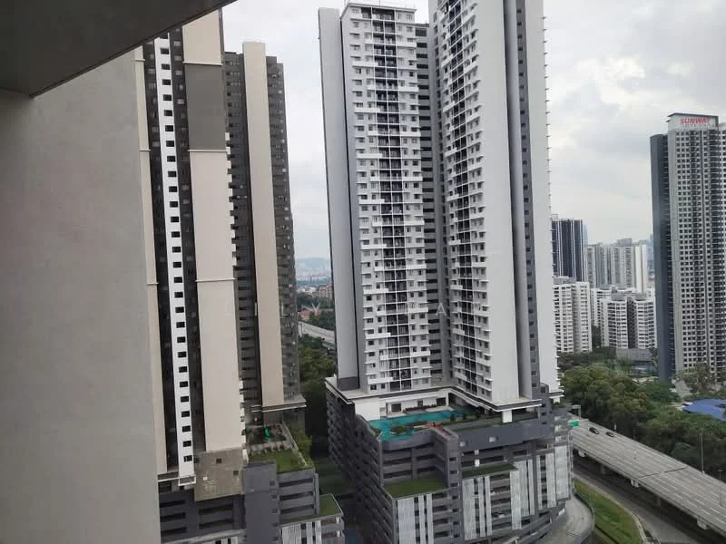 Exterior type: high-rise condominium; features: glass curtain wall, multiple balconies, swimming pool deck, landscaped garden, surrounded by urban skyline, adjacent to main road; style: modern.