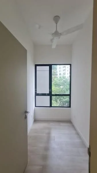 Room features: light-colored walls, large window with black frame, ceiling fan, light-colored flooring, view of greenery outside; style: modern; view: garden.