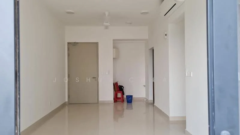 Room features: white painted walls, polished tile flooring, ceiling fan, wall-mounted air conditioning unit, single door, light switch, red plastic chair, blue bucket; style: modern.