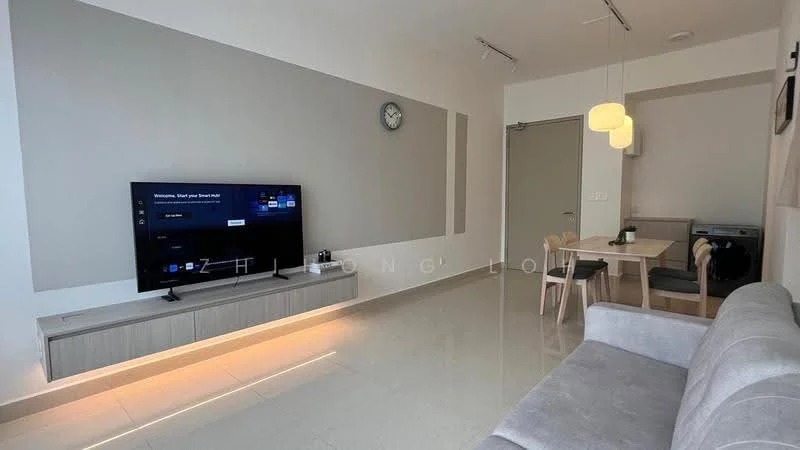 Living features: light grey fabric sofa, wall-mounted TV, TV console with storage, cream painted walls, recessed lighting, floor-to-ceiling windows, clock on wall, light wood dining table with chairs, kitchen area with washing machine, polished tile flooring; style: modern.