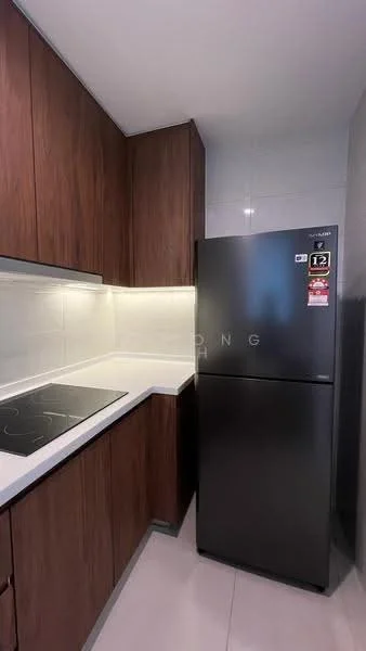 Kitchen features: dark wood cabinetry, white quartz countertop, built-in induction cooktop, black fridge, under-cabinet lighting, grey tiled backsplash, light grey floor tiles, open shelving; style: modern.