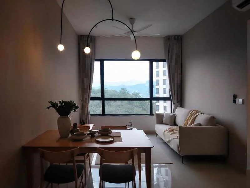 Living features: 3-seater fabric sofa in light grey, wooden dining table for 4, white ceramic vase on table, decorative tableware, floor-to-ceiling window, curtains in light beige, ceiling fan, pendant lights with round bulbs, neutral painted walls, polished tile flooring; style: modern; view: mountain.