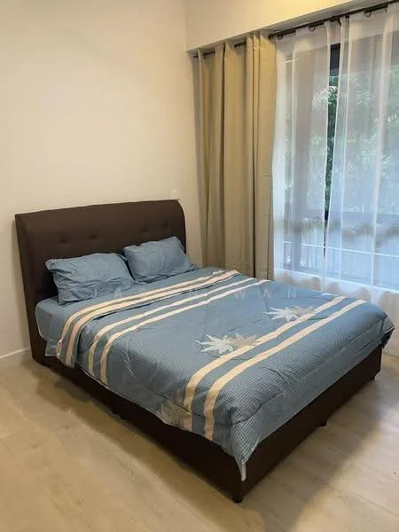 Bedroom features: king-size bed with upholstered headboard, blue bedding with striped pattern, two pillows, light wood flooring, floor-to-ceiling window, sheer curtains, brown bed frame, decorative wall, wall-mounted light switch; style: modern; view: garden.