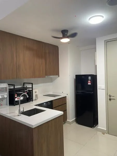 Kitchen features: brown wooden cabinetry, white quartz countertop, single-bowl stainless-steel sink, chrome pull-down faucet, built-in microwave, black refrigerator, stainless-steel built-in oven, 4-burner gas hob, ceiling fan with light, recessed LED downlights, cream tiled flooring, white walls; style: modern.