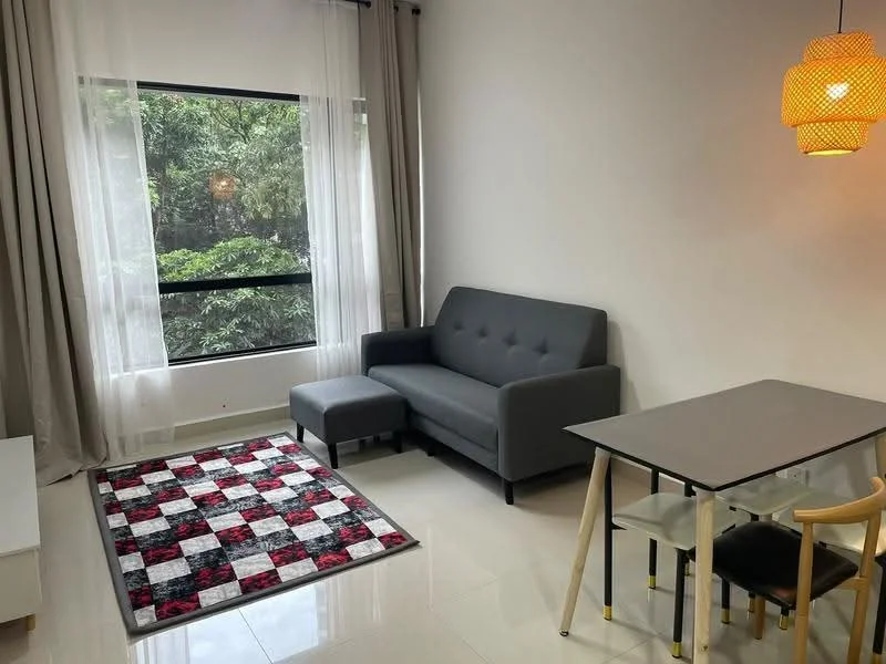 Living features: grey fabric sofa, armchair, black and red patterned area rug, white walls, floor-to-ceiling windows, sheer curtains, black window frame, hanging pendant light, dining table with four chairs, polished tile flooring; style: modern; view: garden.