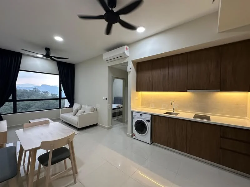 Kitchen features: white cabinets, brown wooden cabinetry, stainless-steel sink, chrome pull-down faucet, white quartz countertop, built-in oven, stainless-steel range hood, 4-burner gas hob, washing machine, recessed LED downlights, tile backsplash, open shelving; style: modern; view: garden. Living features: 3-seater fabric sofa in cream, dining table for 4, 4 dining chairs, ceiling fan, floor-to-ceiling windows, curtains, marble tile flooring; style: modern; view: garden. Room features: wall-mounted split AC, neutral painted walls.