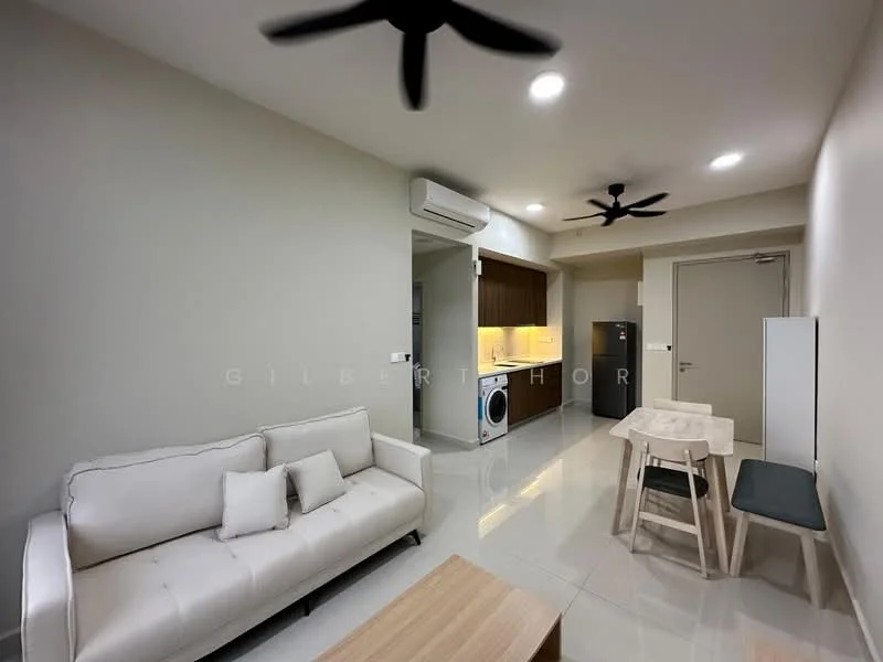 Living features: 3-seater fabric sofa in white, 2 small cushions, ceiling fan with light, ceiling fan, wall-mounted air conditioning unit, marble tile flooring, recessed downlights, dining table with 4 chairs, washing machine, kitchen cabinetry, kitchen countertop, open layout to kitchen; style: modern.