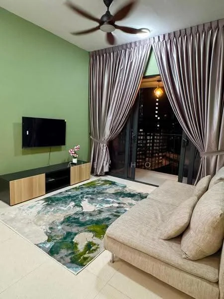 Living features: green painted walls, cream tiled flooring, 5-blade ceiling fan, sofa with beige upholstery, area rug with abstract pattern, TV console in wood and black finish, wall-mounted TV, floor-to-ceiling windows with sheer curtains, balcony access through sliding glass doors, decorative plant on TV console; style: modern; view: city.