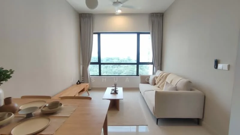 Living features: floor-to-ceiling windows, beige walls, light-colored sofa, wooden coffee table, wooden bench, ceiling fan, curtains, area rug, decorative items on table; style: modern; view: garden.