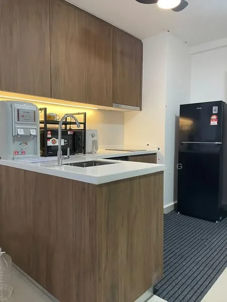 Kitchen features: white quartz countertop, wood cabinetry, stainless-steel sink, chrome pull-down faucet, built-in microwave, stainless-steel fridge, recessed LED downlights, grey area rug, kitchen appliances, open shelving, under-cabinet lighting; style: modern.