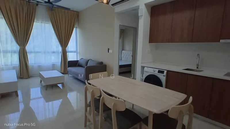 Living features: grey fabric sofa, coffee table, dining table with 6 chairs, white walls, cream curtains, floor-to-ceiling windows, recessed downlights, polished tile flooring, built-in cabinetry, washing machine, kitchen countertop, stainless-steel sink, chrome faucet; style: modern.