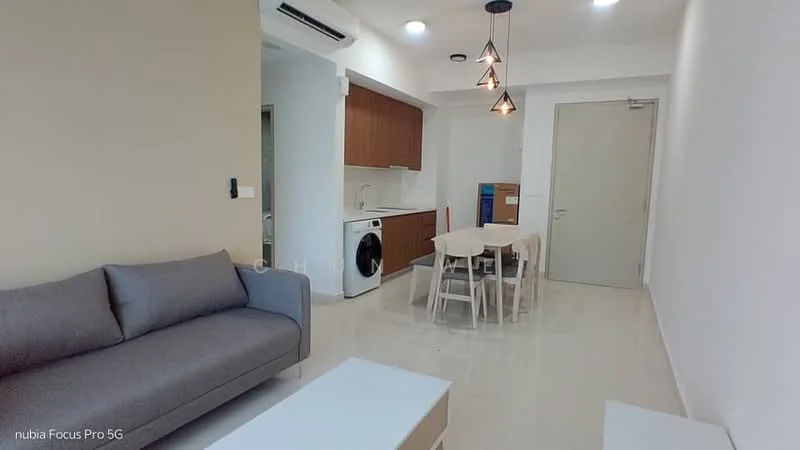 Living features: grey fabric sofa, white coffee table, recessed downlights, air conditioning unit, light pendant fixtures, white walls, glossy tile flooring; style: modern. Dining features: 4-seater dining table, white dining chairs, wood cabinetry, washing machine, open shelving, kitchenette area; style: modern.