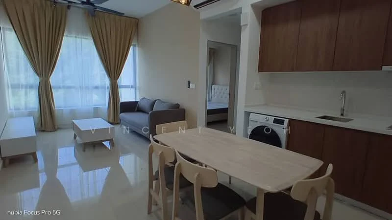 Living features: grey fabric sofa, white coffee table, dining table with four chairs, white cabinetry, stainless-steel sink, built-in oven, front-load washing machine, recessed downlights, floor-to-ceiling windows with sheer curtains, cream painted walls, polished tile flooring; style: modern.