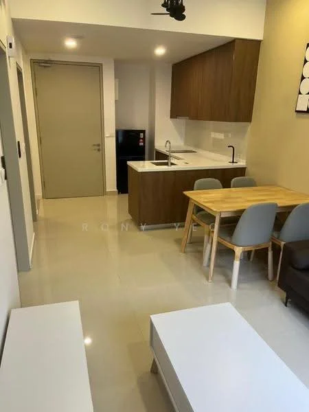 Living features: grey sofa, white coffee table, dining table with four grey chairs, kitchen island with white countertop, wood cabinetry, stainless-steel sink, chrome pull-down faucet, built-in fridge, recessed downlights, cream painted walls, glossy tile flooring, wall-mounted TV console; style: modern.