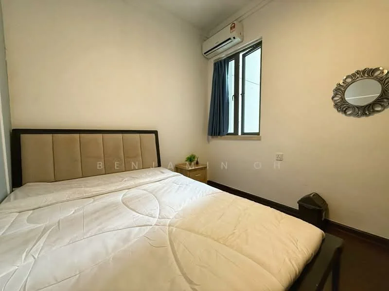Bedroom features: queen-size bed, upholstered headboard, white bedding, wall-mounted air conditioning unit, floor-to-ceiling window, blue curtain, framed mirror, dark wood flooring, white painted walls, waste bin; style: modern.