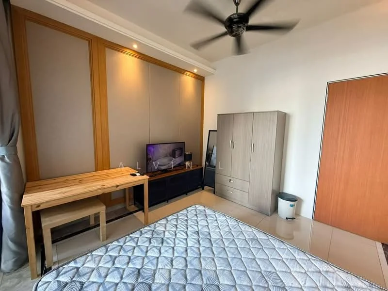 Bedroom features: queen-size bed, wooden bedside table, TV console, wall-mounted TV, built-in wardrobe, mirror, ceiling fan, tile flooring, decorative wall paneling, curtains, waste bin; style: modern.