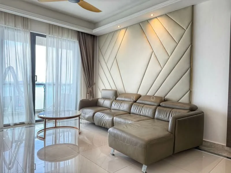 Living features: L-shape sectional sofa in light brown leather, glass coffee table, floor-to-ceiling windows, sheer curtains, cream painted walls, decorative wall paneling, recessed downlights, ceiling fan, marble tile flooring; style: modern; view: city.