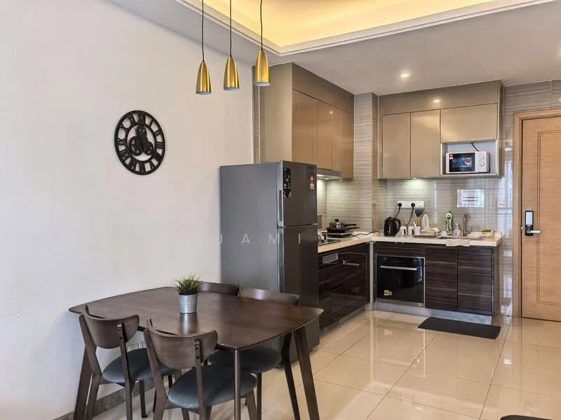 Kitchen features: brown wooden cabinetry, grey high-gloss upper cabinets, stainless-steel fridge, built-in oven, freestanding range oven, microwave, single-bowl stainless-steel sink, chrome pull-down faucet, white tiled backsplash, marble countertop, dining table with four chairs, pendant lighting, wall clock; style: modern.