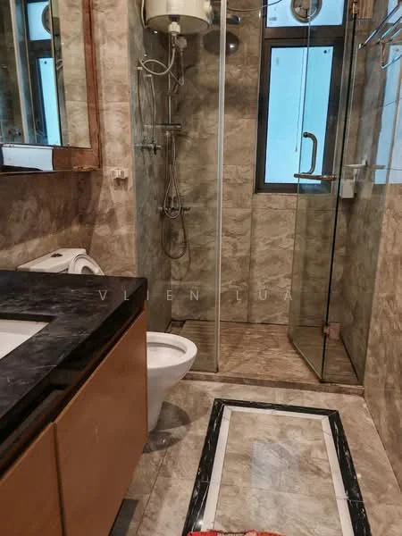 Bathroom features: single-sink vanity with black marble countertop, wood cabinet under sink, framed mirror above vanity, one-piece toilet, walk-in shower with glass enclosure, rain shower head, handheld shower, tile cladding on walls, marble tile flooring, window for natural light, chrome faucet, towel rail; style: modern.