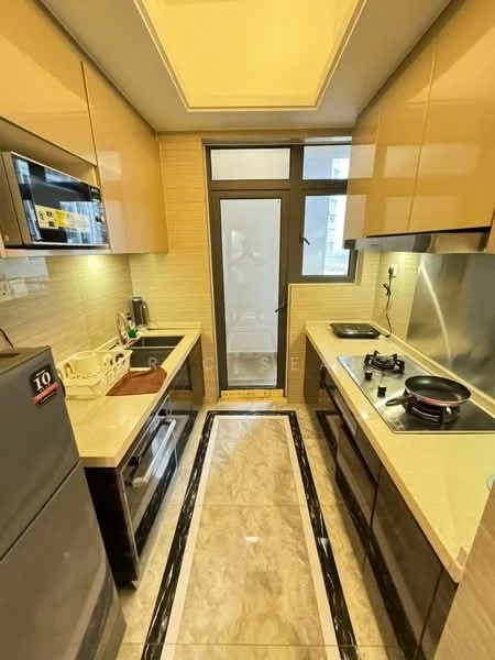 Kitchen features: cream high-gloss cabinetry, black countertop, stainless-steel backsplash, built-in microwave, stainless-steel range hood, 4-burner gas hob, single-bowl stainless-steel sink, chrome pull-down faucet, fridge, tile flooring with black and white pattern, recessed downlights, window with view to outside; style: modern.