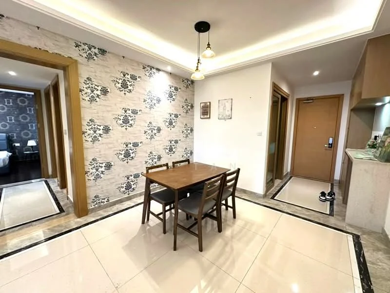 Dining features: dining table with 4 wooden chairs, cream tiled flooring, floral wallpaper accent wall, recessed ceiling lights, wall-mounted light fixtures, doorway leading to hallway, doorway leading to another room, neutral wall color, decorative wall art; style: modern.