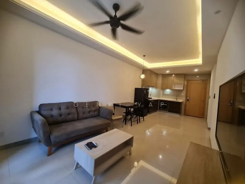 Living features: grey fabric sofa, wood coffee table, dining table for 4, black dining chairs, kitchenette with cabinets, white countertop, recessed ceiling lights, ceiling fan, wall-mounted TV, glossy tile flooring, neutral painted walls, wooden door, open layout; style: modern.