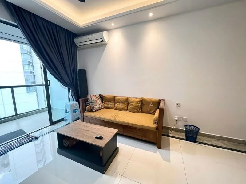 Living features: 3-seater wooden sofa with cushions, coffee table, floor-to-ceiling windows, sliding glass door, curtains, wall-mounted air conditioning unit, white painted walls, recessed ceiling lights, glossy tile flooring, decorative wall art, wastebasket; style: modern; view: city.