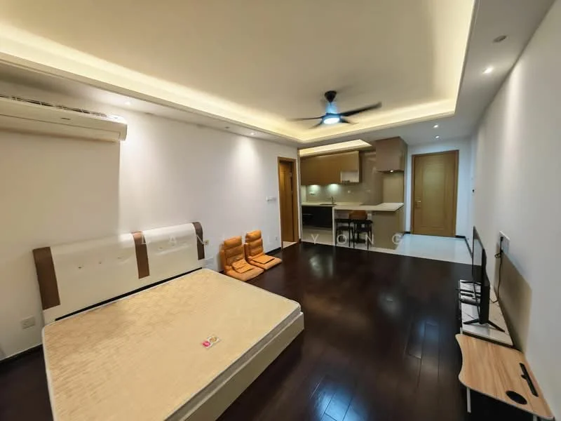 Room features: wooden flooring, white painted walls, recessed ceiling lights, 5-blade ceiling fan, wall-mounted air conditioning unit, built-in cabinetry, open kitchen area, TV console, two floor cushions, unmade bed with mattress, doorway leading to another room; style: modern.