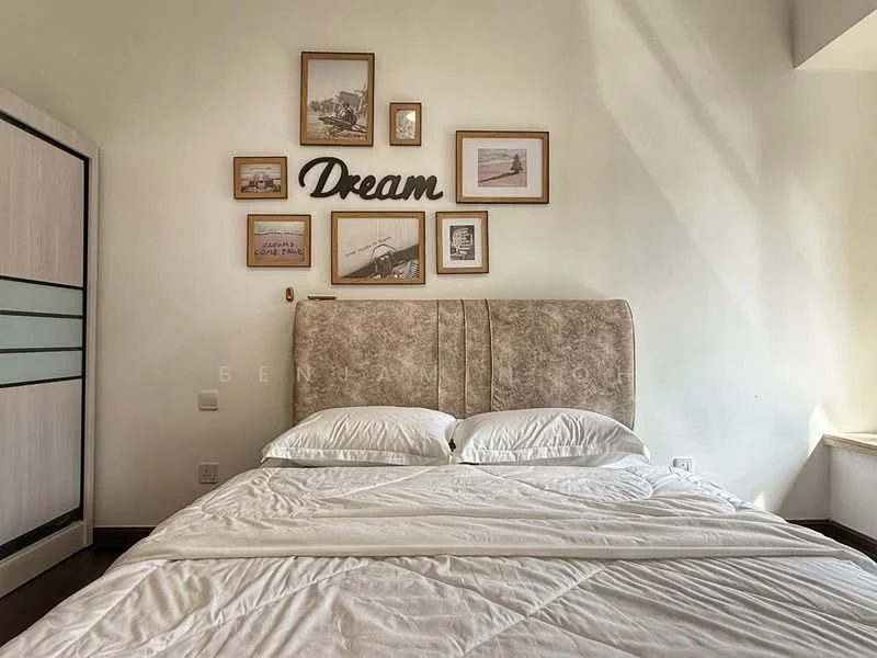 Bedroom features: queen-size bed with upholstered headboard, white bedding, decorative wall art with frames, cream painted walls, wooden flooring, window with natural light, built-in wardrobe with sliding doors, nightstand, decorative items on wall; style: modern.