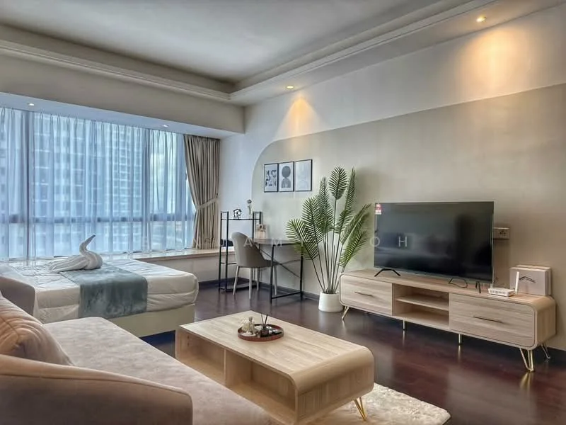 Living features: floor-to-ceiling windows, light grey painted walls, dark wood flooring, sofa in beige fabric, coffee table in light wood, TV console in light wood, wall-mounted TV, decorative plant, desk with chair, bed with white bedding, area rug with cream color; style: modern; view: city.
