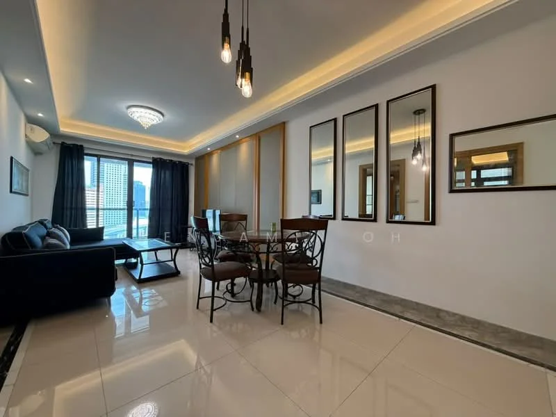 Living features: 3-seater fabric sofa in navy blue, glass coffee table, dining table with 4 chairs, chandelier with multiple bulbs, recessed ceiling lights, floor-to-ceiling windows, blackout curtains, white painted walls, polished ceramic tile flooring, mirrored wall decor, decorative wall mirror; style: modern; view: city.