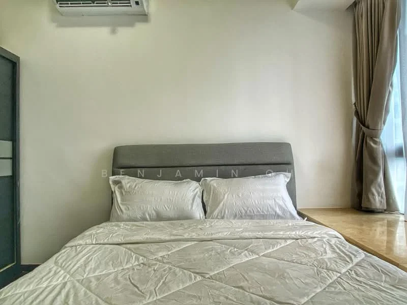 Bedroom features: king-size bed, upholstered headboard, white bedding, wooden flooring, floor-to-ceiling window, curtains, wall-mounted split AC, decorative wall panel, neutral painted walls; style: modern.