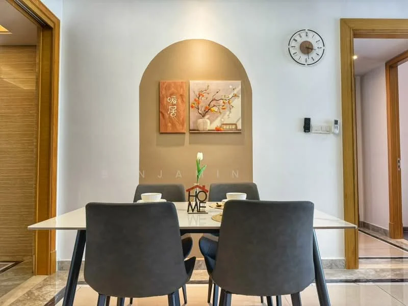 Dining features: glass dining table, 4 upholstered dining chairs in grey, decorative wall art, wall-mounted clock, neutral painted walls, marble flooring, table setting with plates and cups, decorative flower vase; style: modern.