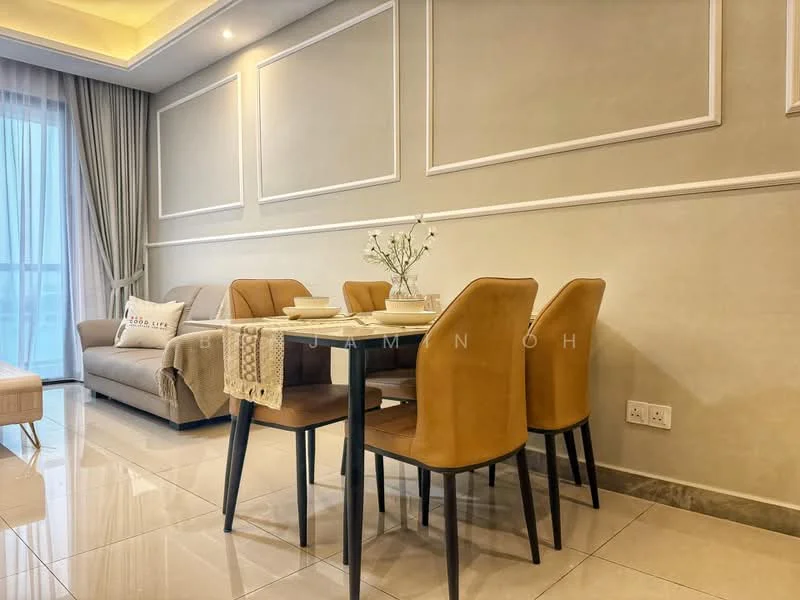 Dining features: 4-seater dining table, brown upholstered dining chairs, table setting with plates and cutlery, cream table runner, white walls with decorative moulding, recessed ceiling lights, large window with sheer curtains, glossy tile flooring; style: modern. Living features: beige fabric sofa, decorative throw pillows, wall-mounted artwork, light grey walls, recessed ceiling with lighting, floor-to-ceiling window, curtains, marble tile flooring; style: modern.