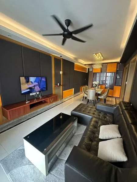 Living features: black leather sectional sofa, white throw pillows, glass coffee table with metallic base, wall-mounted TV, wooden TV console, recessed LED downlights, ceiling fan, decorative wall panels with dark finish, area rug with geometric pattern, dining area with wooden dining table, upholstered dining chairs, large windows with natural light; style: modern.