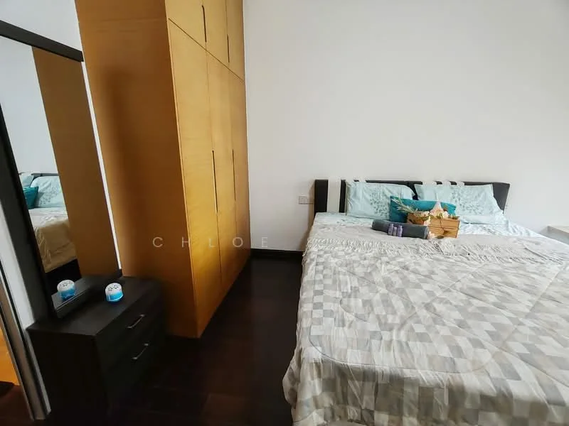 Bedroom features: queen-size bed with patterned bedding, wooden wardrobe with sliding doors, mirror on wardrobe, nightstand with two drawers, decorative basket on bed, laminate flooring, white painted walls, window with sheer curtains; style: modern.