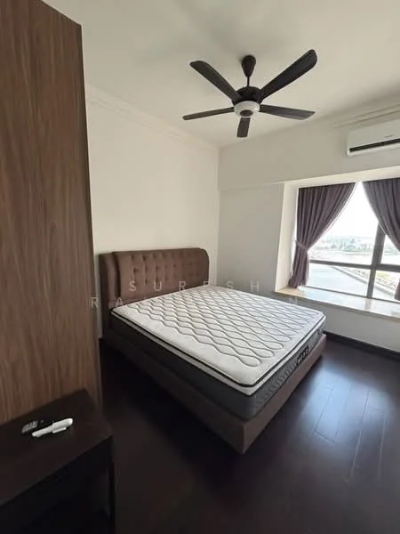 Bedroom features: queen-size bed, upholstered headboard, dark wood bedside table, ceiling fan, floor-to-ceiling window, curtains, dark wood flooring, wall-mounted air conditioning unit; style: modern; view: city.