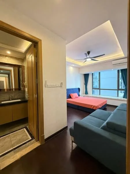 Bedroom features: king-size bed with orange bedding, blue fabric sofa, floor-to-ceiling windows, curtains in dark blue, recessed ceiling lights, 5-blade ceiling fan, wooden flooring, wall-mounted air conditioning unit, decorative wall mirror, built-in wardrobe with sliding doors; style: modern; view: city. Bathroom features: single-sink vanity with wood cabinet, mirror above vanity, tile flooring, shower area with glass enclosure, toilet, wall-mounted faucet; style: modern.