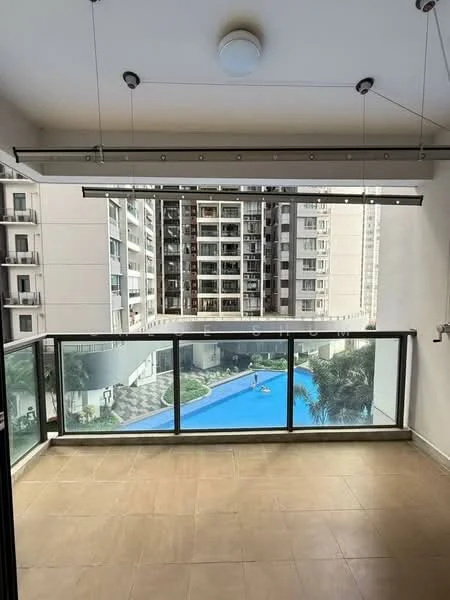 Balcony features: glass railing, tile flooring, overhead lighting, view of swimming pool, view of surrounding buildings, sliding glass door access, suspended ceiling, outdoor space; style: modern; view: pool.