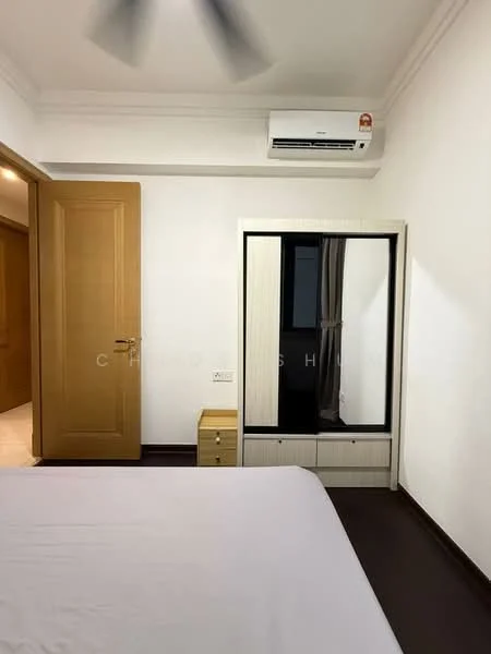 Bedroom features: queen-size bed, wooden bedside table, built-in wardrobe with mirror, wall-mounted split AC, white painted walls, dark wood flooring, door leading to hallway, curtains on window; style: modern.