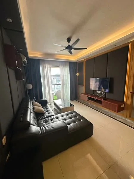 Living features: black leather sectional sofa, coffee table, wall-mounted TV, TV console with wood finish, floor-to-ceiling windows, sheer curtains, recessed LED downlights, ceiling fan, decorative wall paneling, light-colored tile flooring, accent wall with dark finish, area rug; style: modern; view: garden.