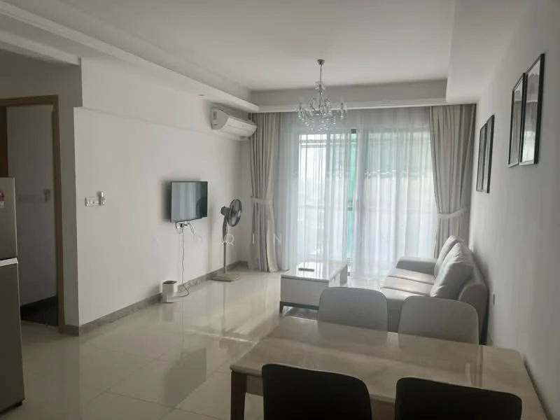 Living features: cream painted walls, white ceiling, marble tile flooring, 5-blade ceiling fan with light, chandelier, floor-to-ceiling windows, sheer curtains, light grey fabric sofa, coffee table, wall-mounted TV, TV console, area rug, dining table with chairs; style: modern. Room features: refrigerator, wall-mounted split AC.