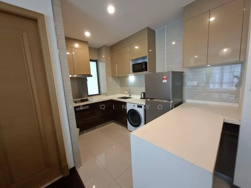 Kitchen features: brown and beige cabinetry, white quartz countertop, stainless-steel sink, chrome pull-down faucet, built-in microwave, freestanding washing machine, ceramic tile flooring, recessed downlights, sliding window, stainless-steel range hood, 4-burner gas hob, tile backsplash; style: modern.
