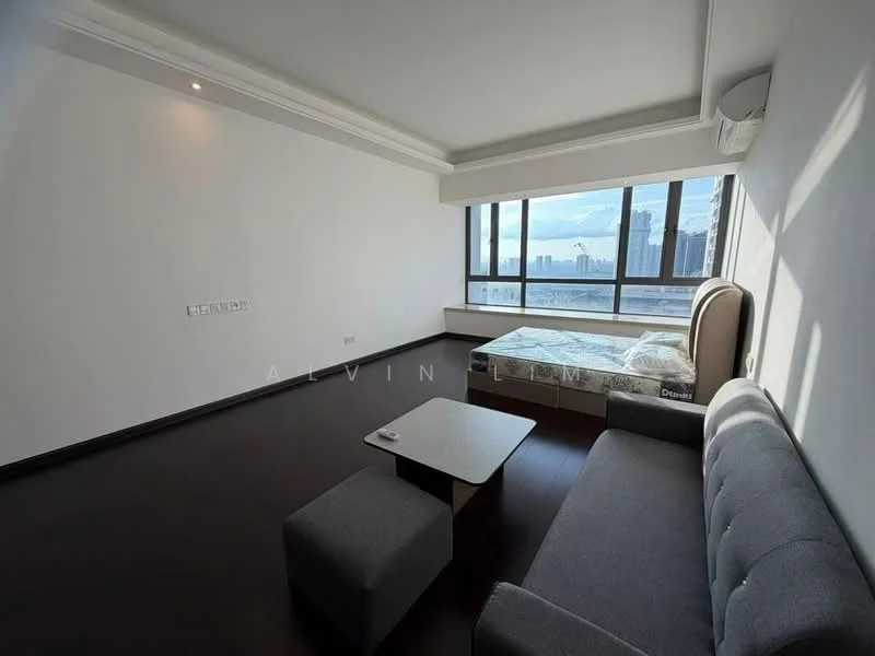 Room features: large floor-to-ceiling windows, dark wood flooring, white painted walls, recessed lighting, air conditioning unit, bed with mattress, grey fabric sofa, small coffee table; style: modern; view: city.