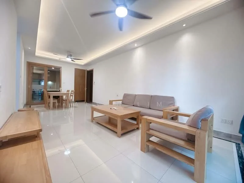 Living features: white painted walls, polished ceramic tile flooring, tray ceiling with recessed lighting, 5-blade ceiling fan with light, 2-seater wooden sofa, 3-seater wooden sofa, wooden coffee table, wooden TV console, large glass sliding door, natural light from window, neutral color palette, minimalist decor; style: modern.